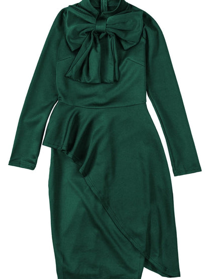 Elegant Emerald and Sapphire Peplum Dress with Bow Detail