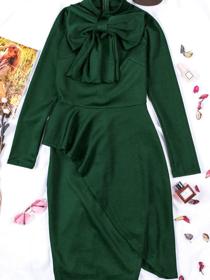 Elegant Emerald and Sapphire Peplum Dress with Bow Detail