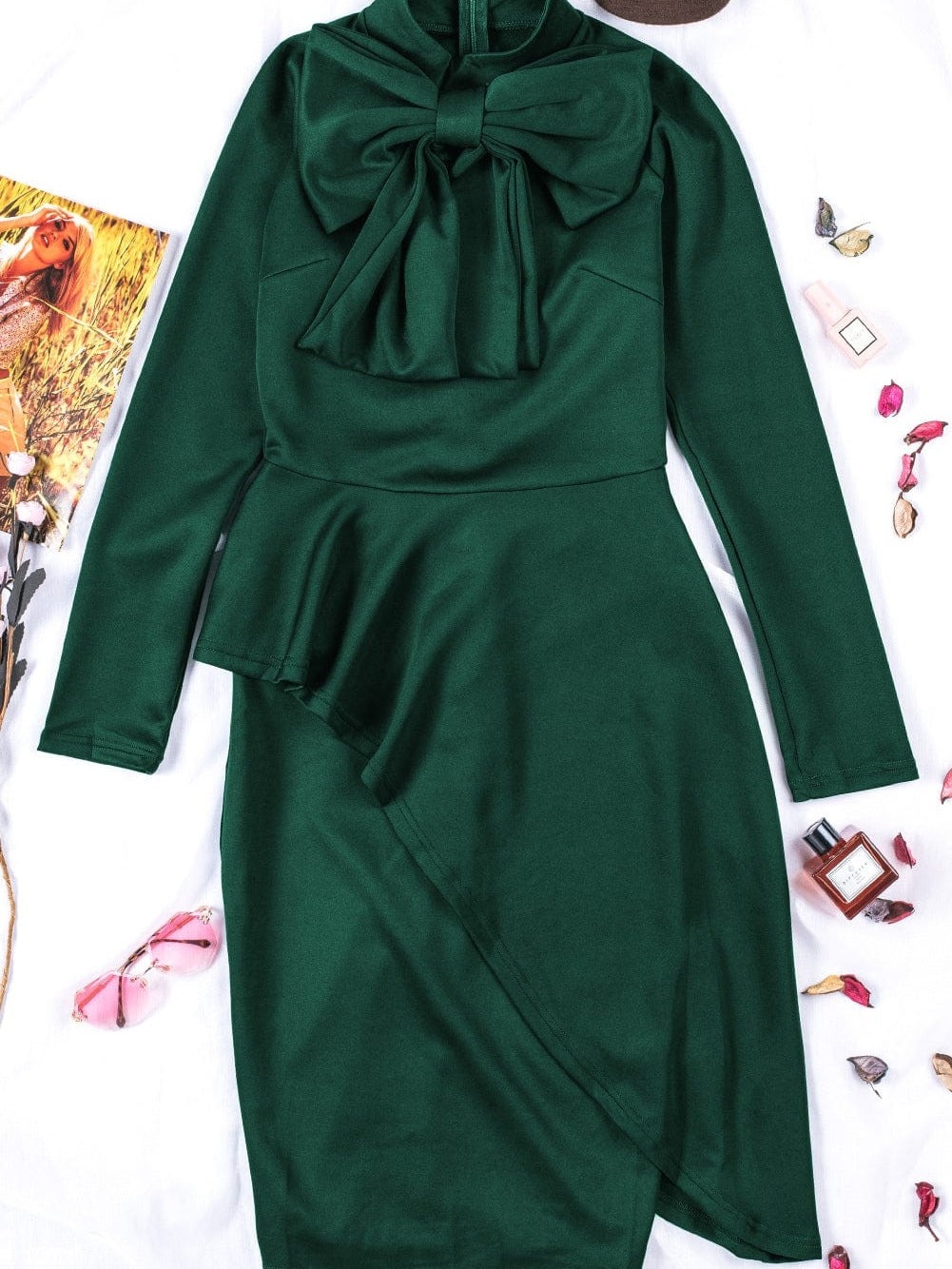 Elegant Emerald and Sapphire Peplum Dress with Bow Detail