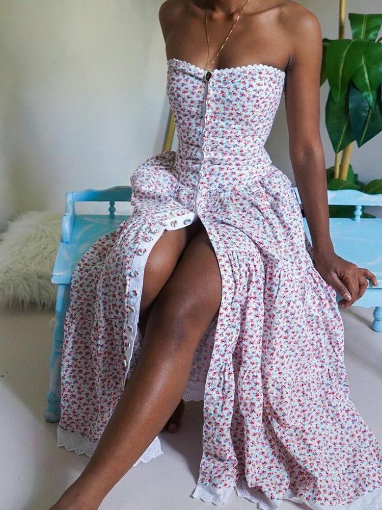 Elegant Floral Print High Waist Tube Top Dress - LuckyFash™