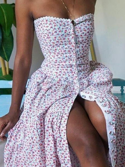 Elegant Floral Print High Waist Tube Top Dress - LuckyFash™