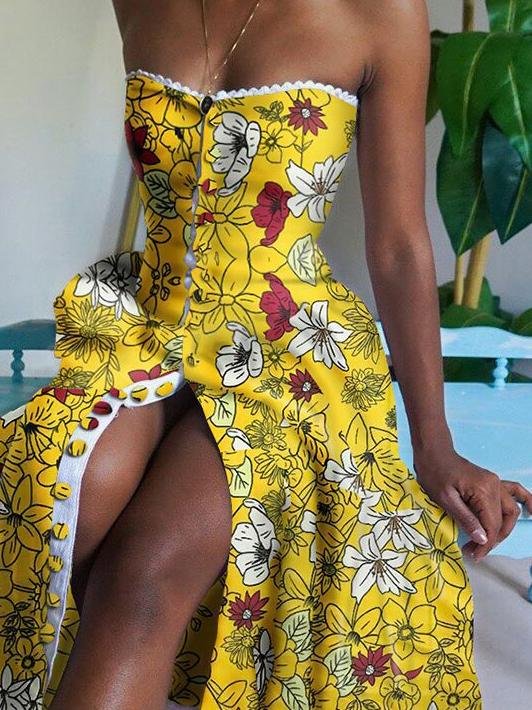 Elegant Floral Print High Waist Tube Top Dress - LuckyFash™