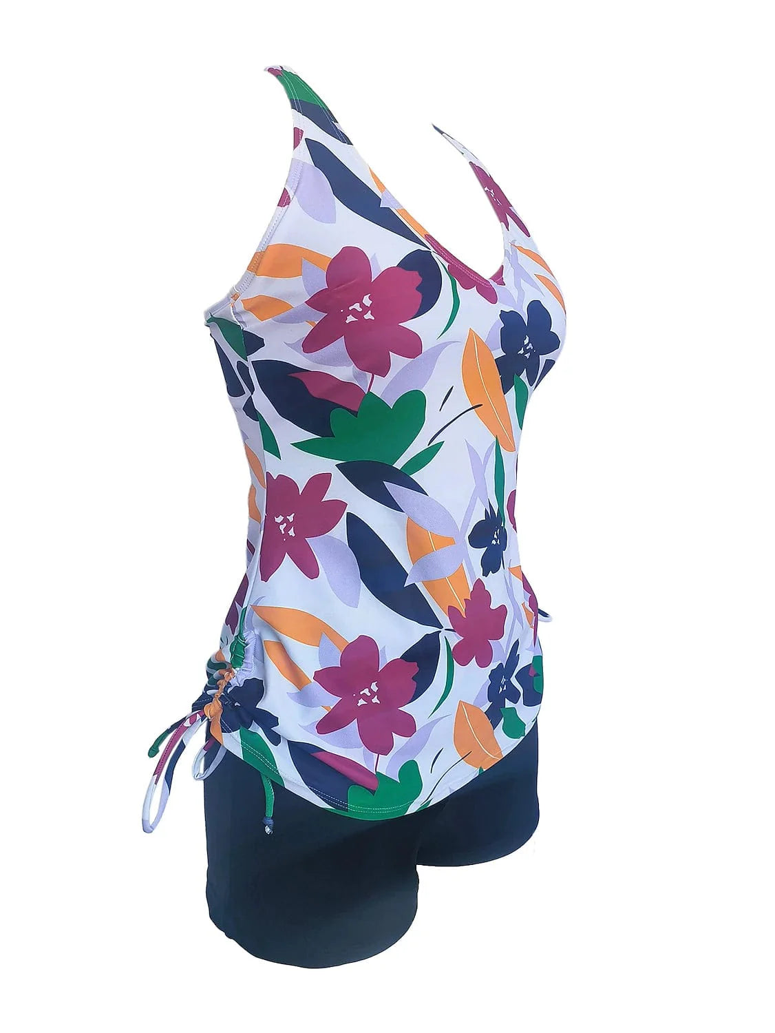 Elegant Floral Tankini 2 Piece Swimsuit with Padded Bra and Drawstring
