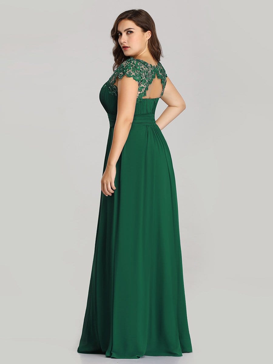 Elegant Lace Cap Sleeve Chiffon Evening Gown with Ruched Detail: Lacey Neckline Open Back Ruched Bust Plus Size Evening Dress