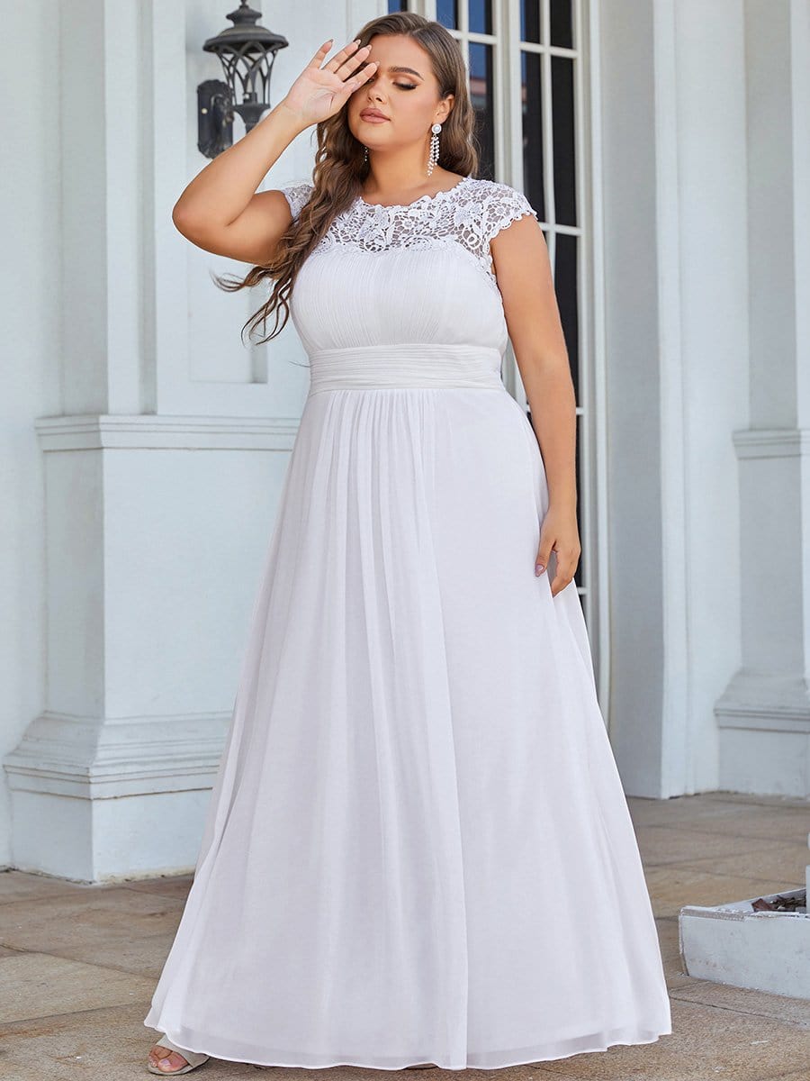 Elegant Lace Cap Sleeve Chiffon Evening Gown with Ruched Detail: Lacey Neckline Open Back Ruched Bust Plus Size Evening Dress