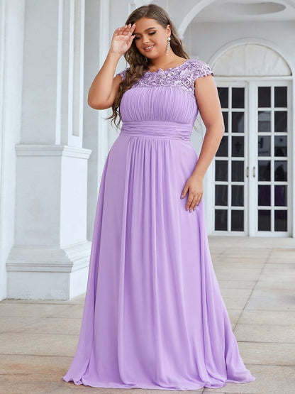 Elegant Lace Cap Sleeve Chiffon Evening Gown with Ruched Detail: Lacey Neckline Open Back Ruched Bust Plus Size Evening Dress