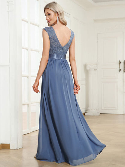 Elegant Lace & Chiffon Bridesmaid Dresses with V-Back and Belted Design