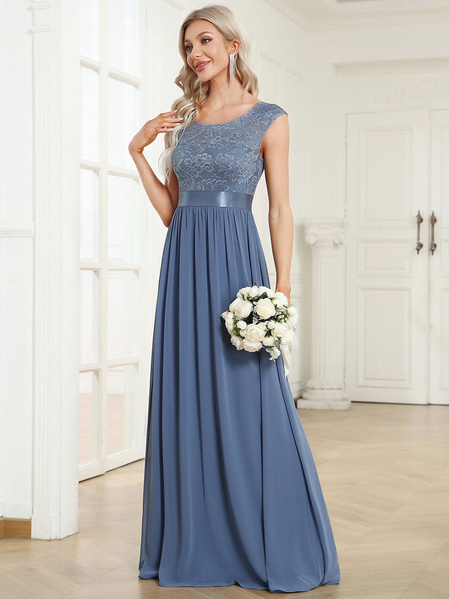 Elegant Lace & Chiffon Bridesmaid Dresses with V-Back and Belted Design