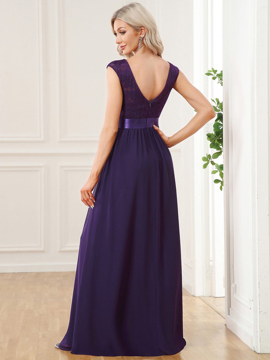 Elegant Lace & Chiffon Bridesmaid Dresses with V-Back and Belted Design