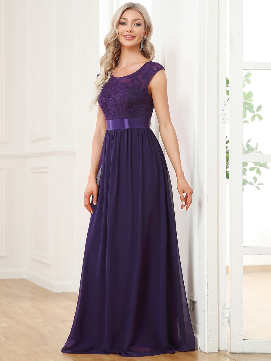 Elegant Lace & Chiffon Bridesmaid Dresses with V-Back and Belted Design