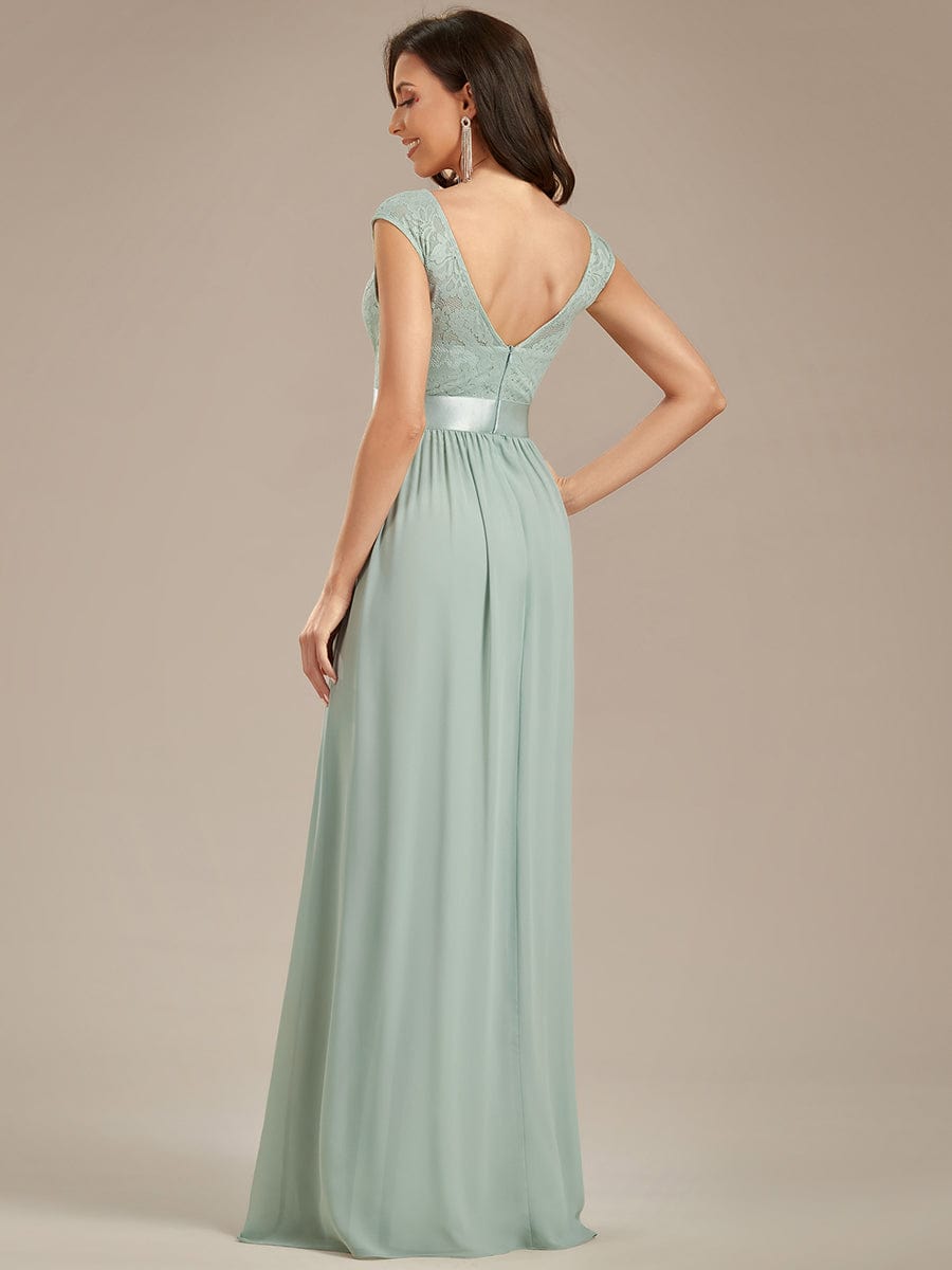 Elegant Lace & Chiffon Bridesmaid Dresses with V-Back and Belted Design