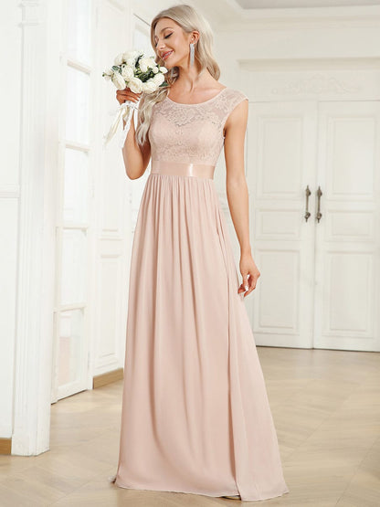 Elegant Lace & Chiffon Bridesmaid Dresses with V-Back and Belted Design