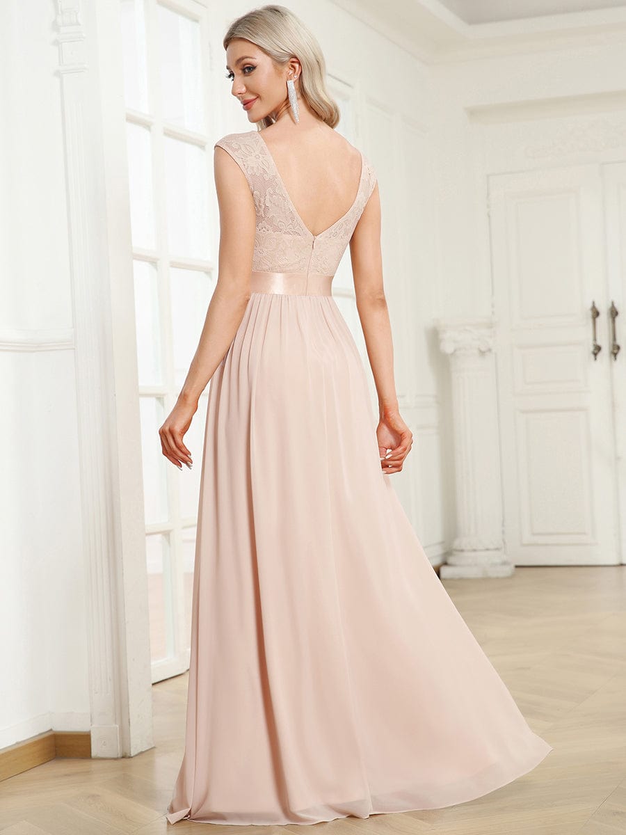 Elegant Lace & Chiffon Bridesmaid Dresses with V-Back and Belted Design