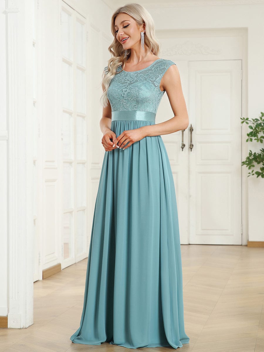 Elegant Lace & Chiffon Bridesmaid Dresses with V-Back and Belted Design