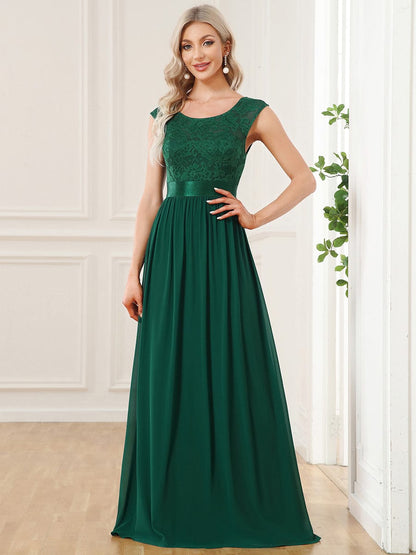 Elegant Lace & Chiffon Bridesmaid Dresses with V-Back and Belted Design