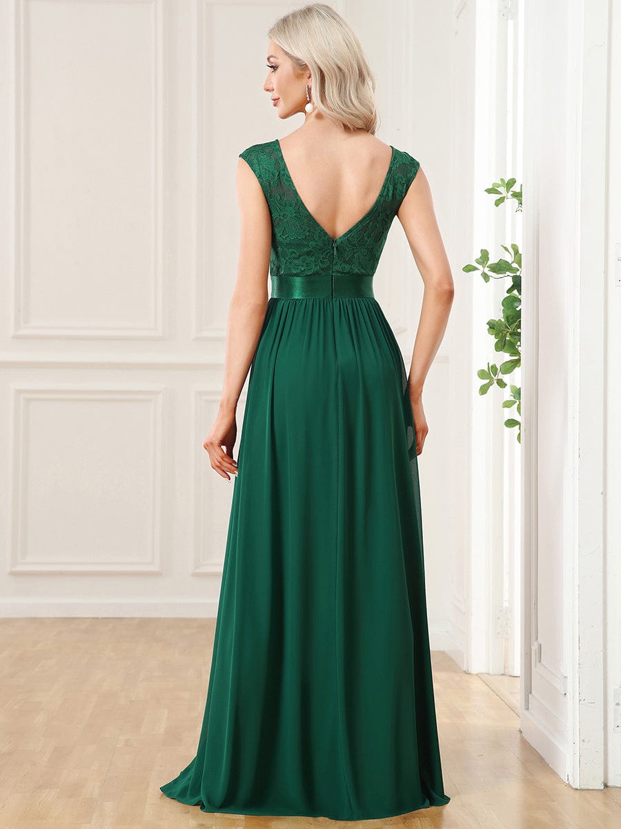 Elegant Lace & Chiffon Bridesmaid Dresses with V-Back and Belted Design