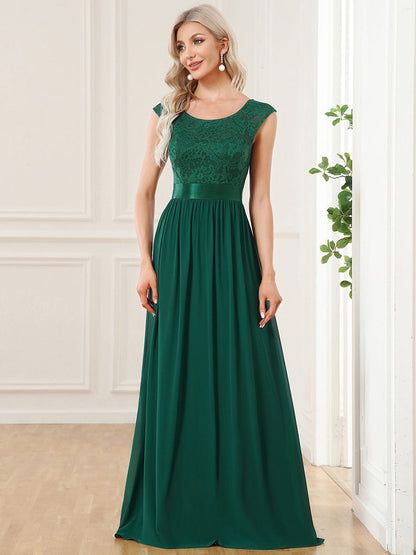 Elegant Lace & Chiffon Bridesmaid Dresses with V-Back and Belted Design