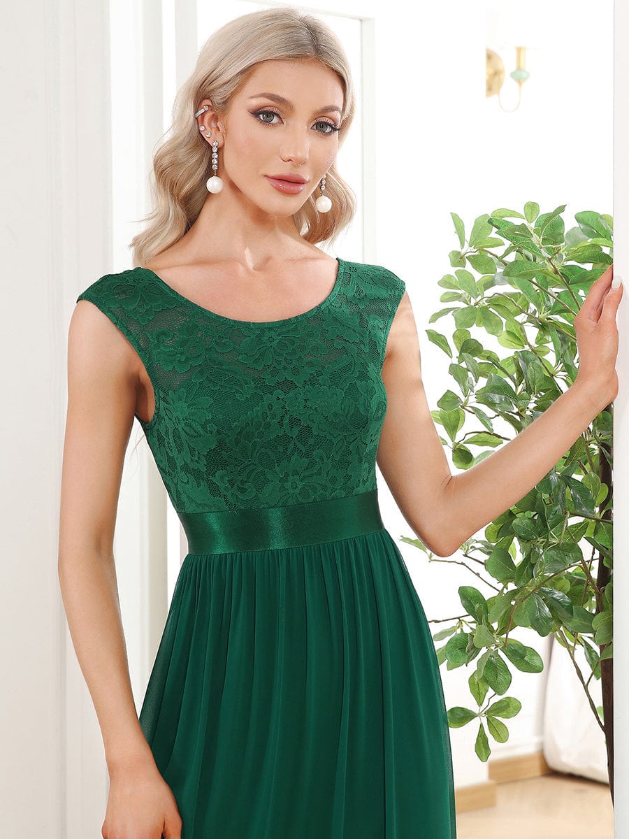 Elegant Lace & Chiffon Bridesmaid Dresses with V-Back and Belted Design