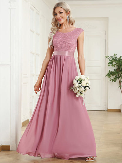 Elegant Lace & Chiffon Bridesmaid Dresses with V-Back and Belted Design