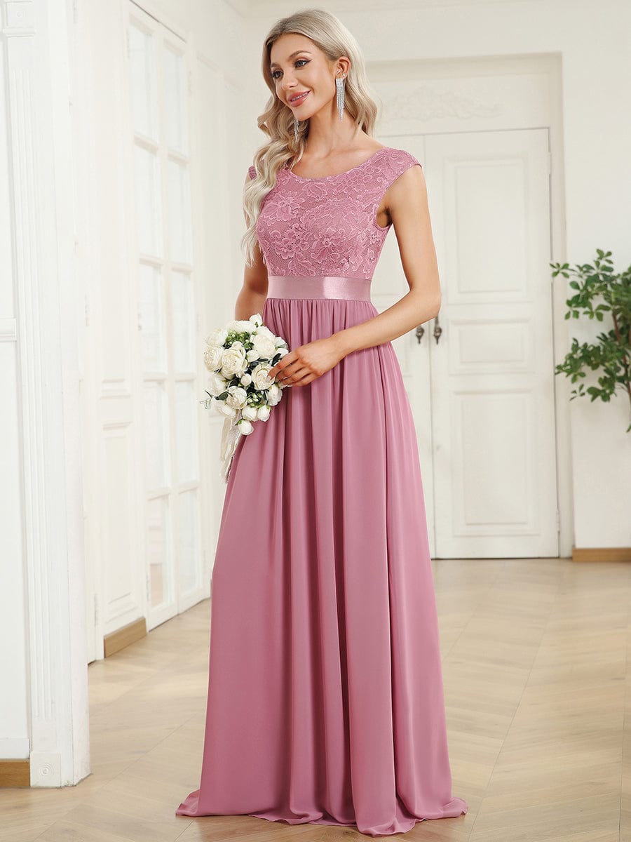 Elegant Lace & Chiffon Bridesmaid Dresses with V-Back and Belted Design