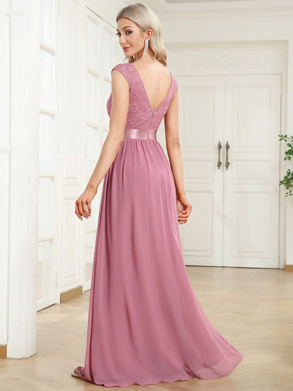 Elegant Lace & Chiffon Bridesmaid Dresses with V-Back and Belted Design