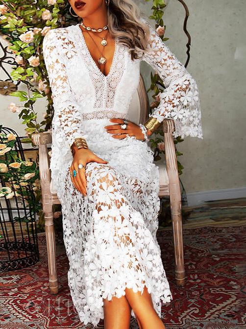 Elegant Lace V-Neck Dress with Long Sleeves