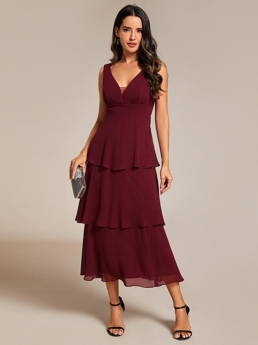 Elegant Layered Wedding Guest Dress in Chiffon A-Line Silhouette with V-Neck and Sleeveless Design