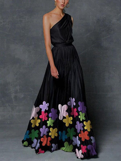 Elegant One Shoulder Flower Print A Line Prom Dress for Women