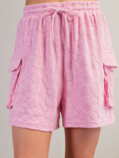 Elegant Pink Floral Textured Lounge Set with Short Sleeve Top and Shorts