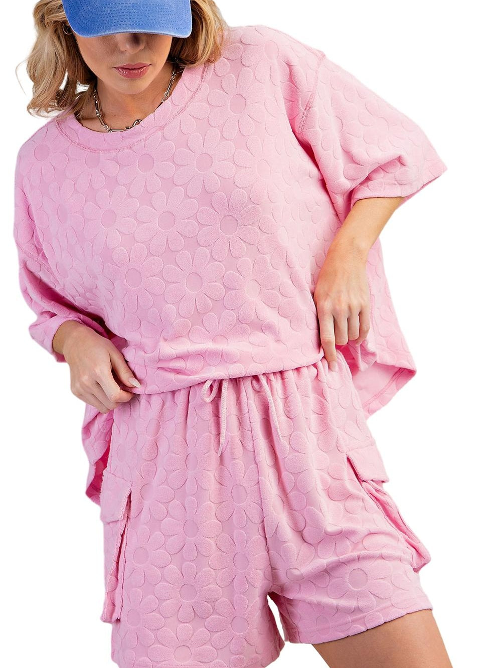 Elegant Pink Floral Textured Lounge Set with Short Sleeve Top and Shorts