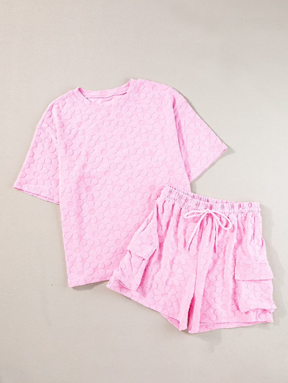 Elegant Pink Floral Textured Lounge Set with Short Sleeve Top and Shorts