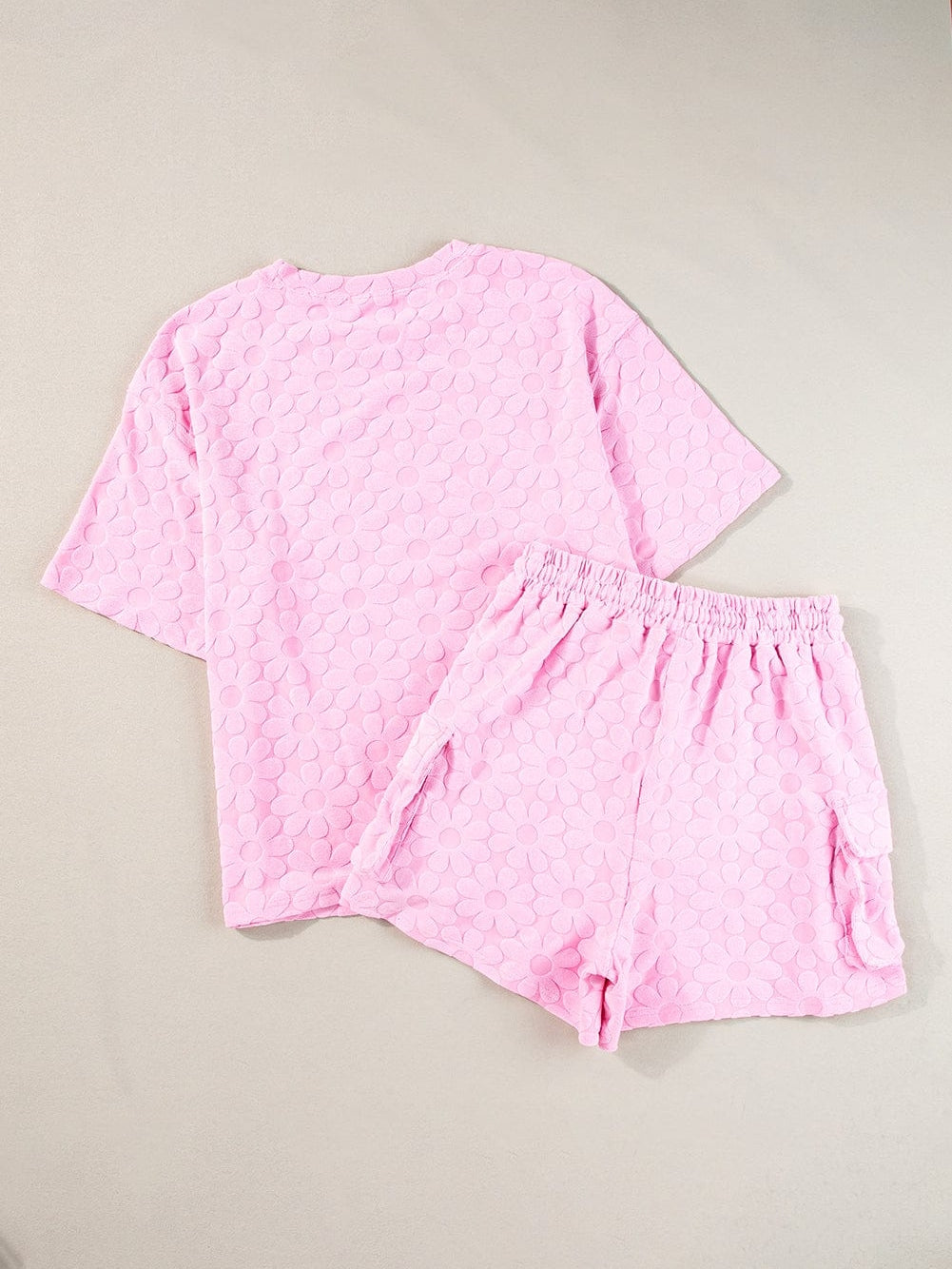 Elegant Pink Floral Textured Lounge Set with Short Sleeve Top and Shorts