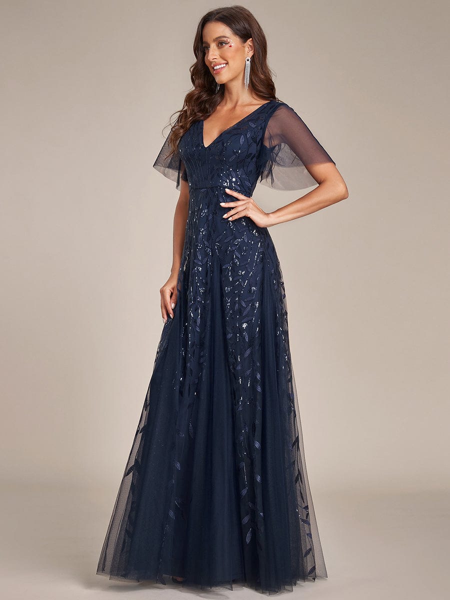 Elegant Plus Size Sequin Evening Gown with Short Sleeves