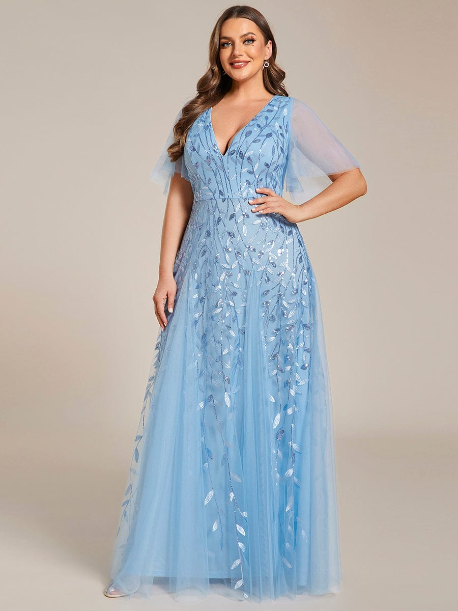 Elegant Plus Size Sequin Evening Gown with Short Sleeves