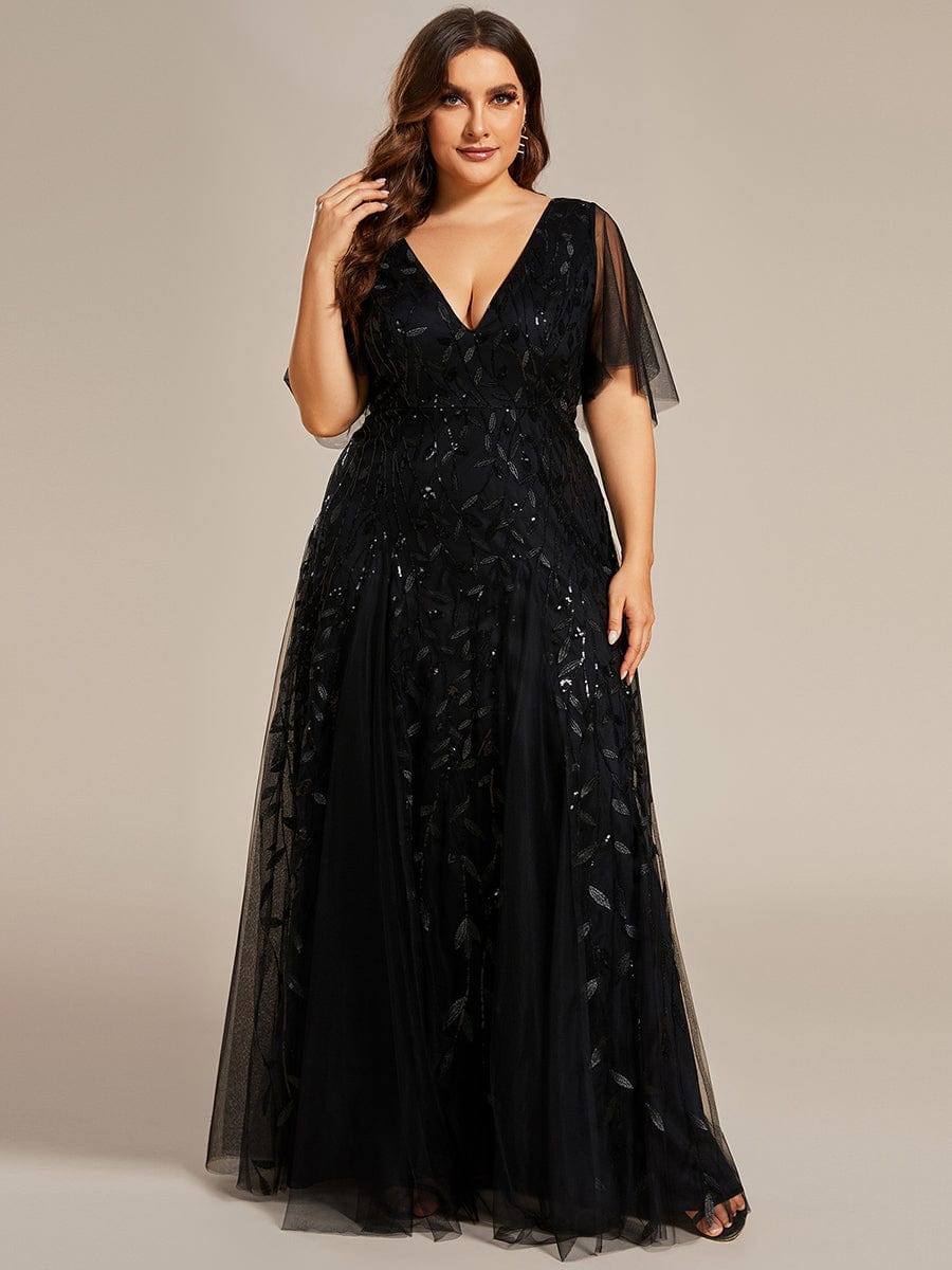 Elegant Plus Size Sequin Evening Gown with Short Sleeves