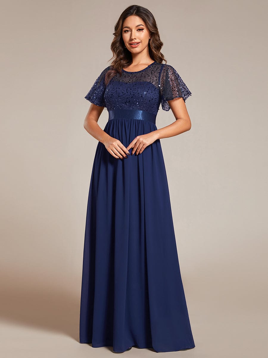 Elegant Sequin Embellished Chiffon Evening Gown with High Waist and Short Sleeves