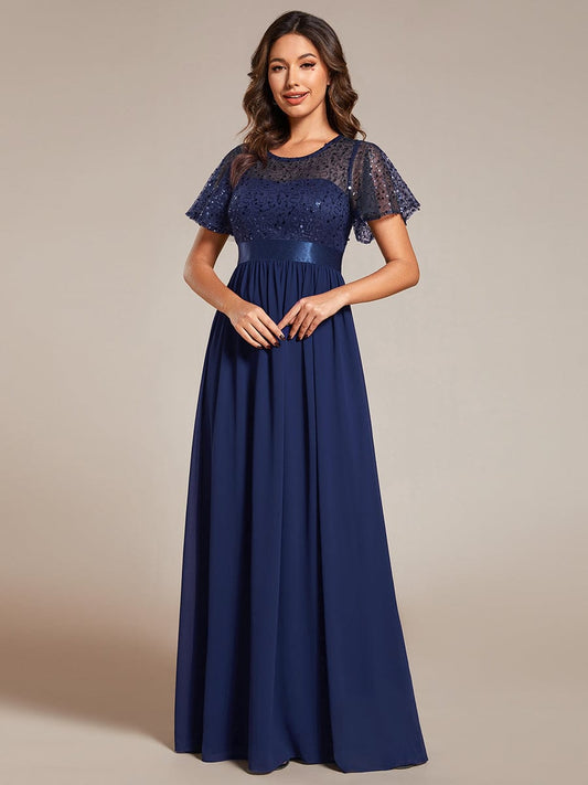 Elegant Sequin Embellished Chiffon Evening Gown with High Waist and Short Sleeves