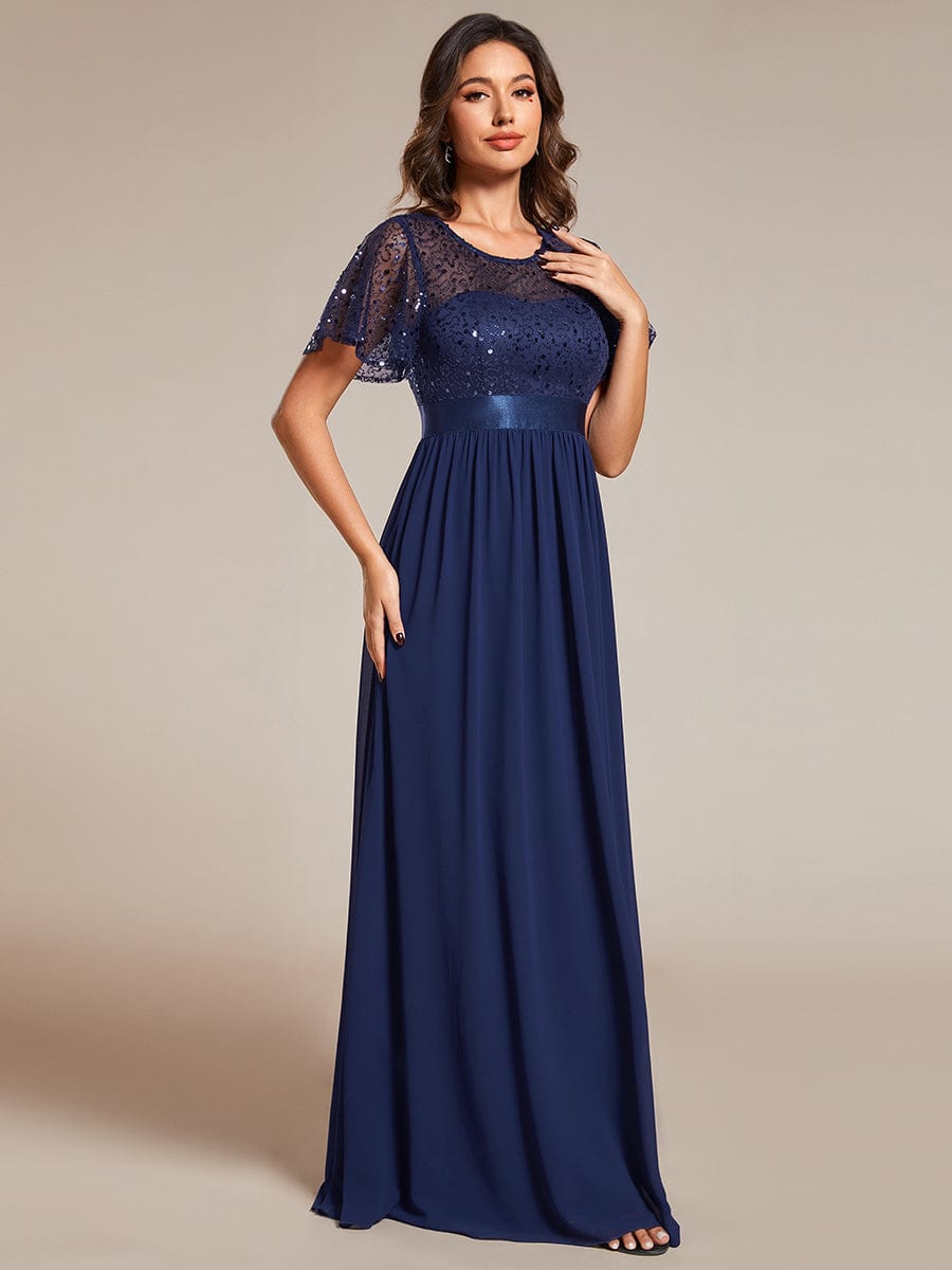 Elegant Sequin Embellished Chiffon Evening Gown with High Waist and Short Sleeves