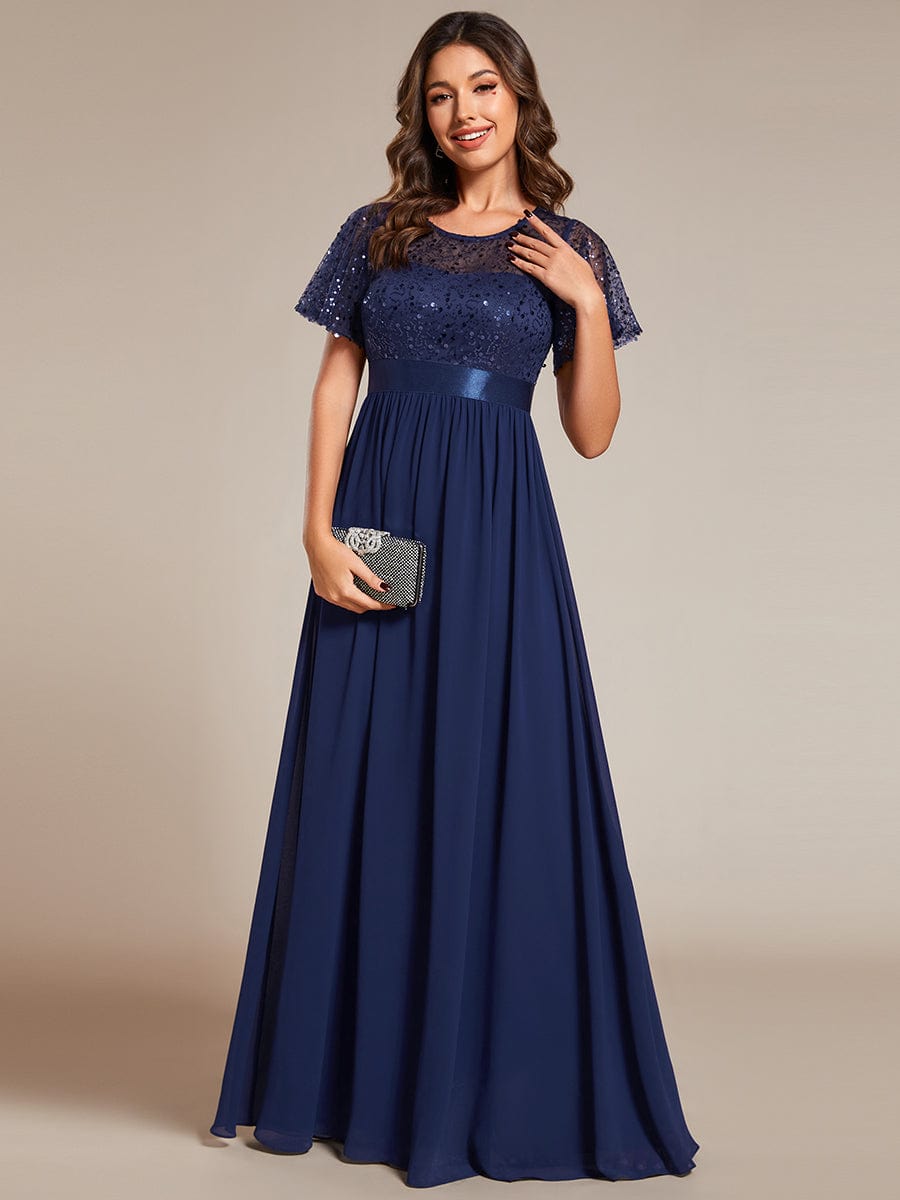 Elegant Sequin Embellished Chiffon Evening Gown with High Waist and Short Sleeves