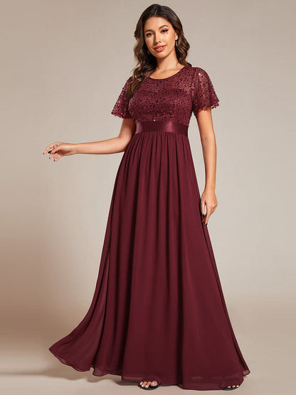 Elegant Sequin Embellished Chiffon Evening Gown with High Waist and Short Sleeves