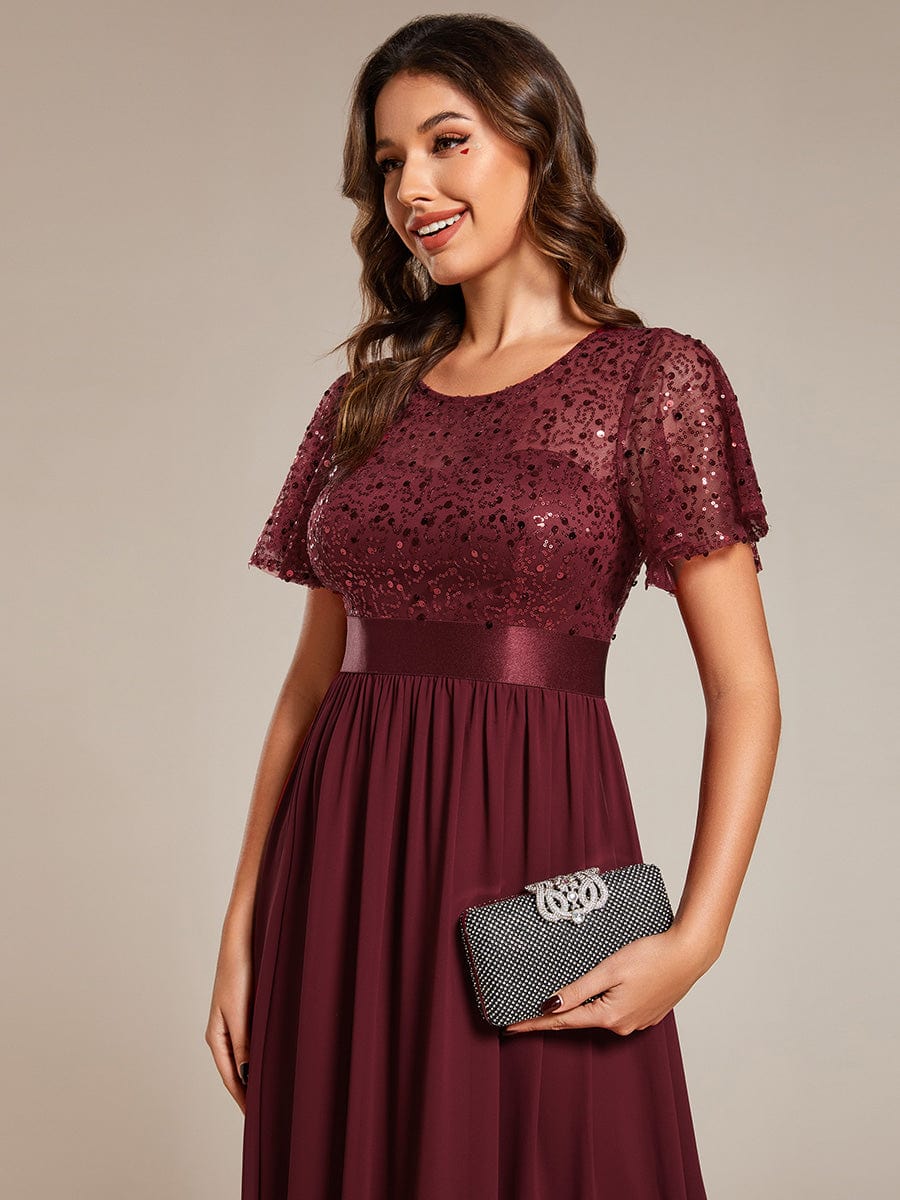 Elegant Sequin Embellished Chiffon Evening Gown with High Waist and Short Sleeves