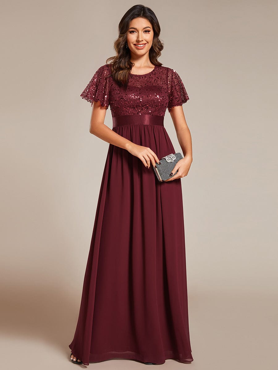 Elegant Sequin Embellished Chiffon Evening Gown with High Waist and Short Sleeves