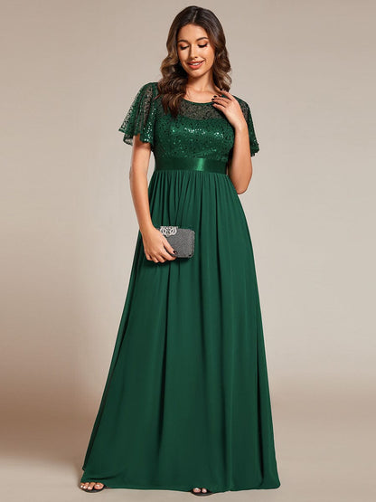 Elegant Sequin Embellished Chiffon Evening Gown with High Waist and Short Sleeves