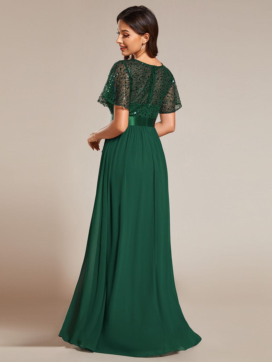 Elegant Sequin Embellished Chiffon Evening Gown with High Waist and Short Sleeves