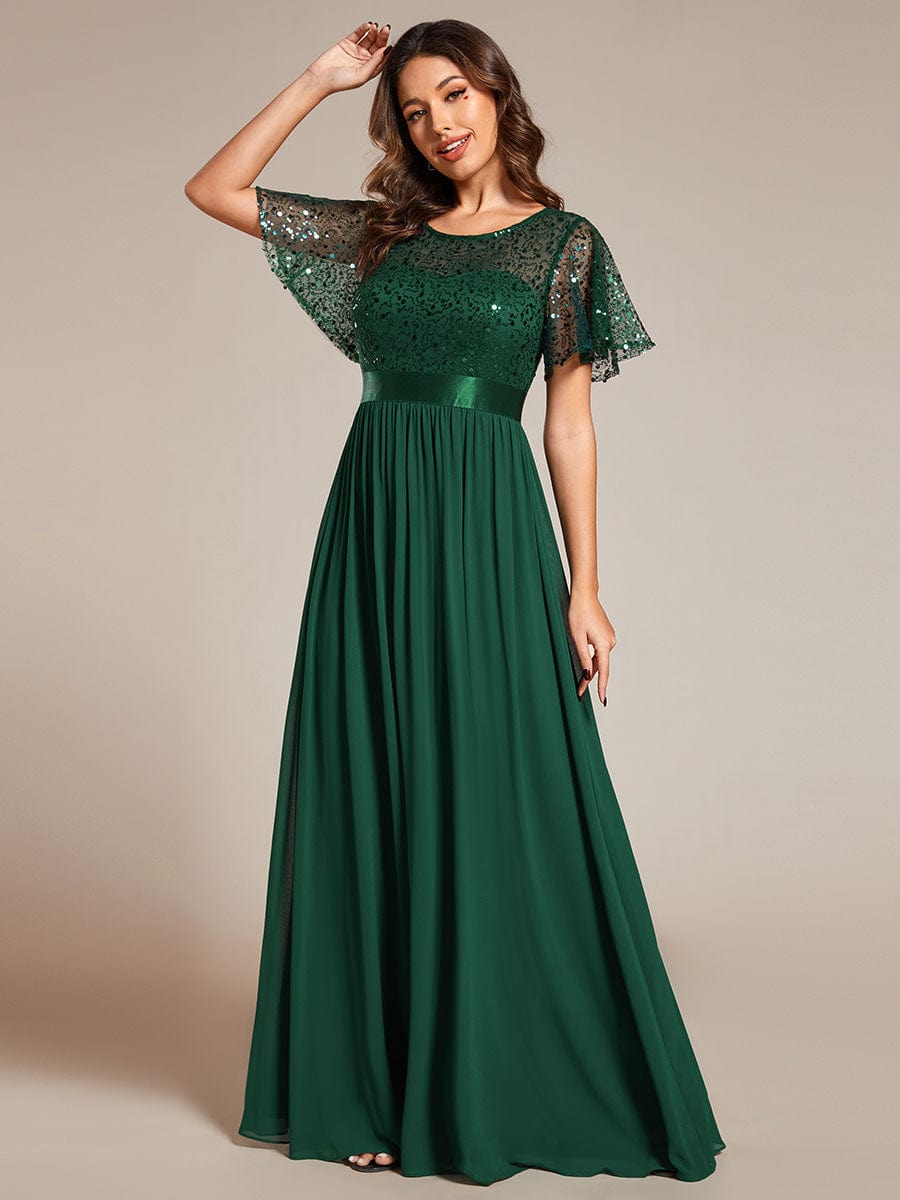 Elegant Sequin Embellished Chiffon Evening Gown with High Waist and Short Sleeves