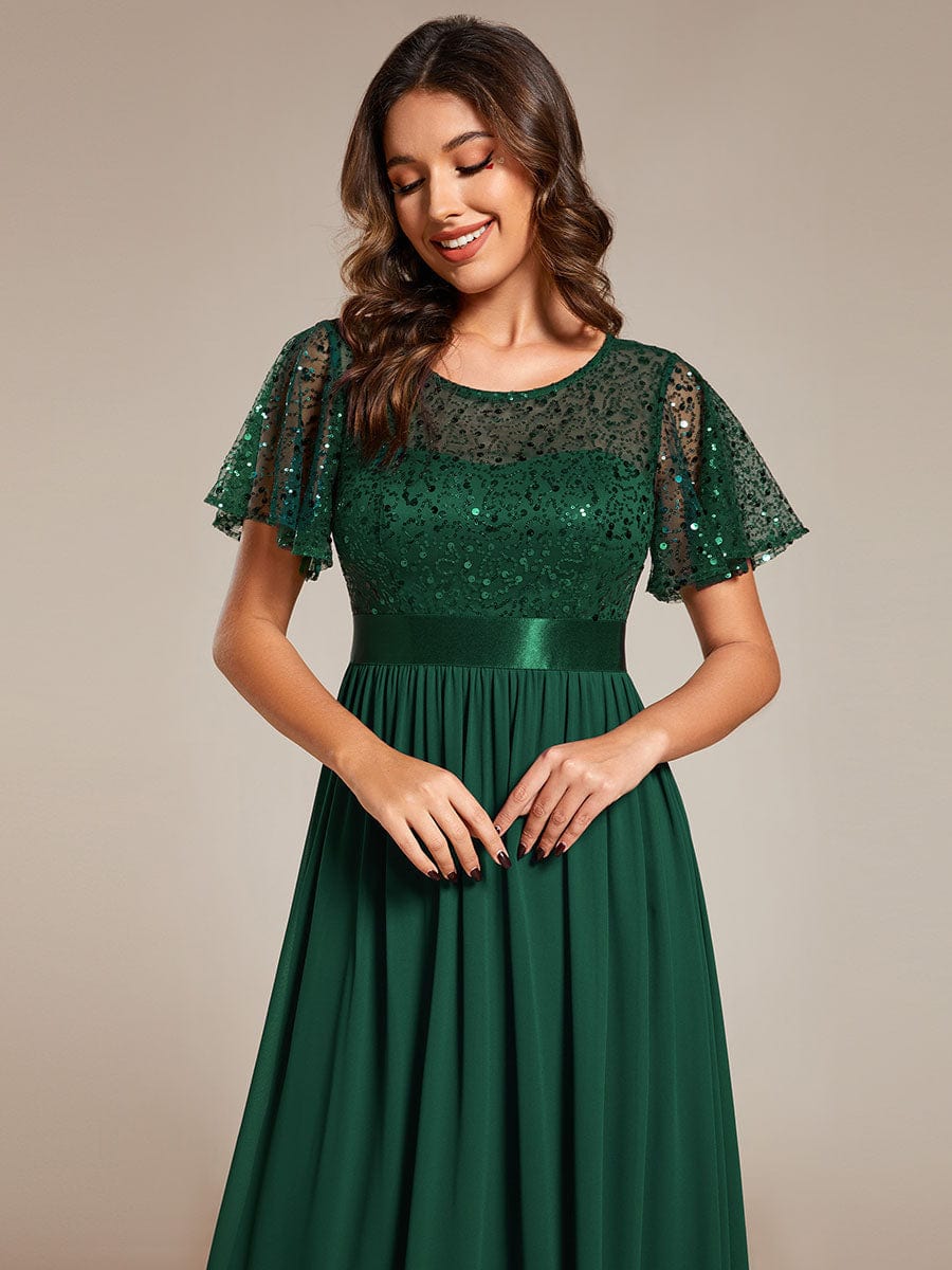 Elegant Sequin Embellished Chiffon Evening Gown with High Waist and Short Sleeves