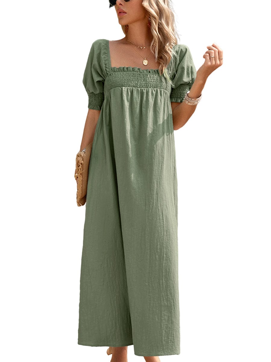 Elegant Solid Color Square Neck Midi Long Midi Dress