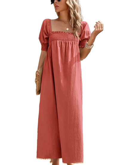 Elegant Solid Color Square Neck Midi Long Midi Dress