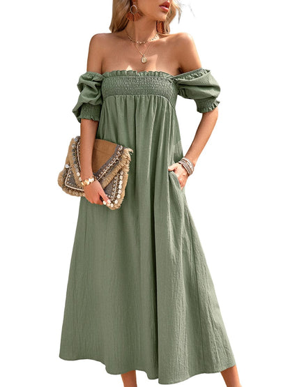 Elegant Solid Color Square Neck Midi Long Midi Dress