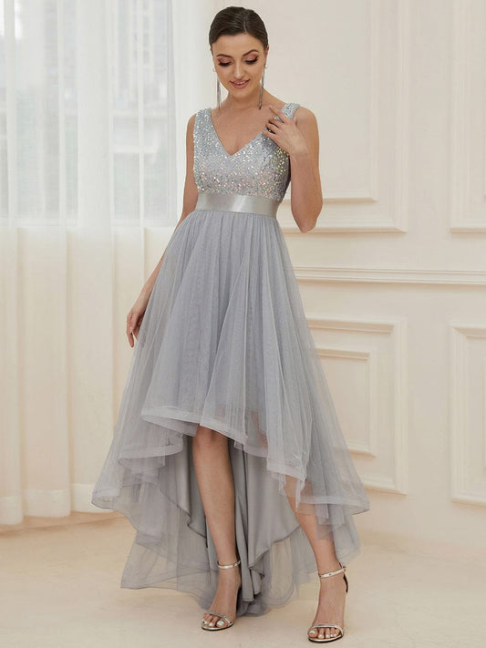 Elegant Sparkling Asymmetrical Hem Deep V Neck Evening Dress